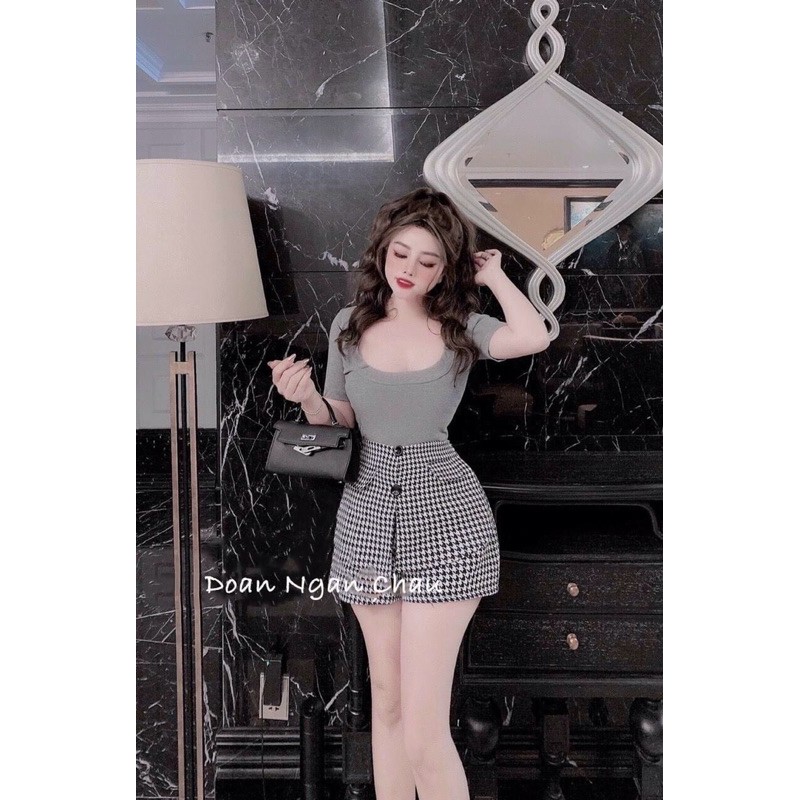 Sét áo thun trơn body mix quần đùi kẻ giả váy Chất áo cotton tàu chuẩn sịn đét cv thô lụa mềm | BigBuy360 - bigbuy360.vn
