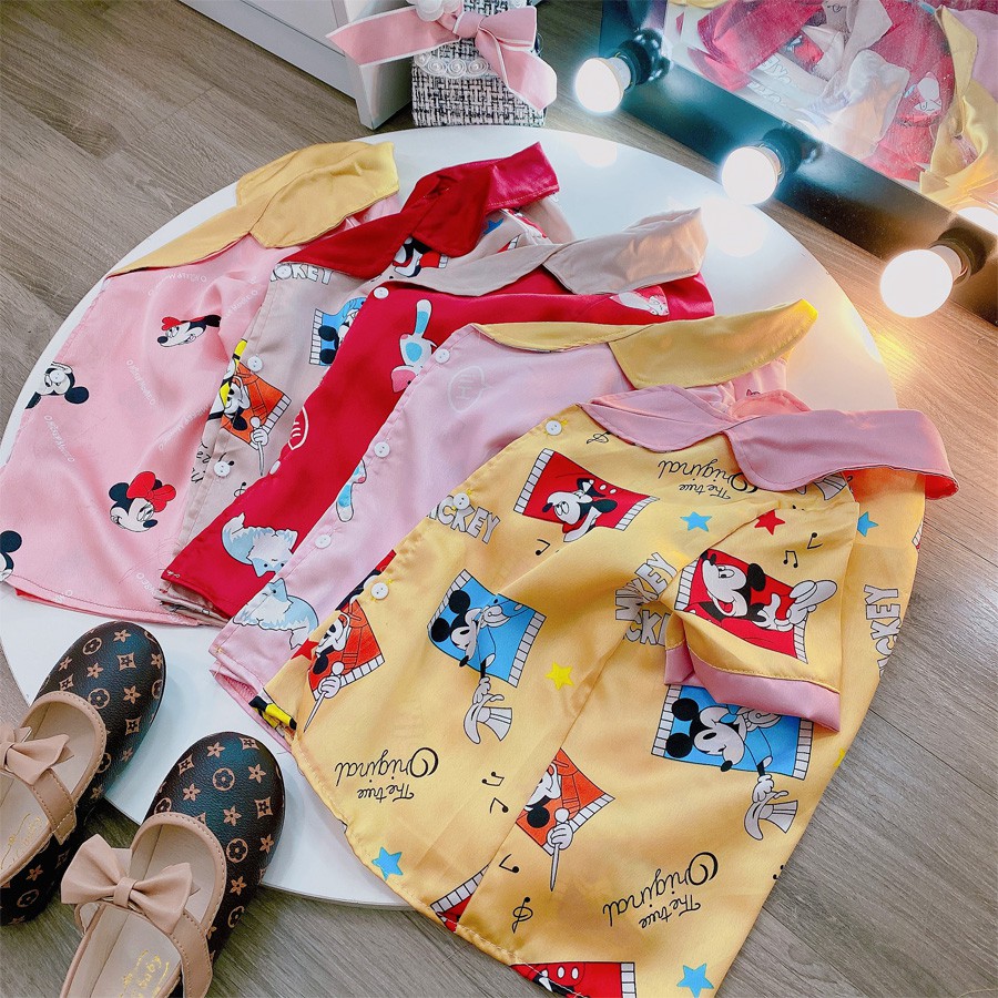 [20KG-42KG] Bộ Mặc Nhà Pijama Lụa Phối Nơ Cao Cấp Tay Cộc Cho Bé Gái - Chất Liệu Lụa mềm Mịn Thoáng Mát