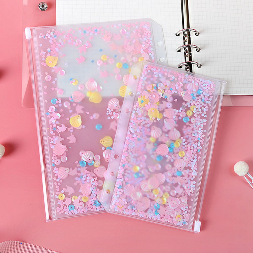 ❤LANSEL❤ Glitter Notebook Binder Cover School Supplies Loose Leaf Bags Binder Pockets Document Filing Waterproof Filing Products School Office Flakes Stars A5 A6 Zipper Folders/Multicolor