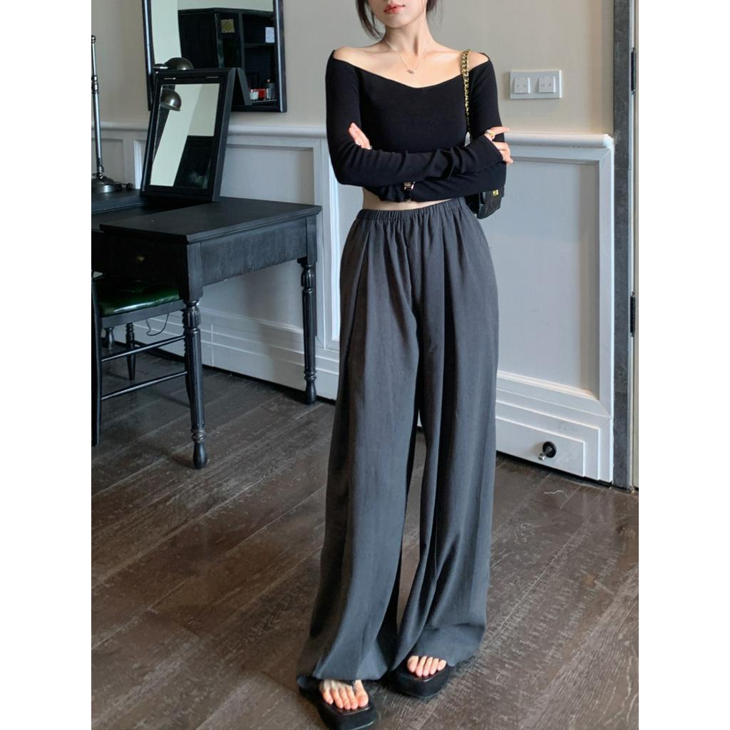 Áo Thun Tay Dài Lệch Vai Dáng Ôm / Eo Thun Vải Lanh Ống Rộng Thời Trang 54065