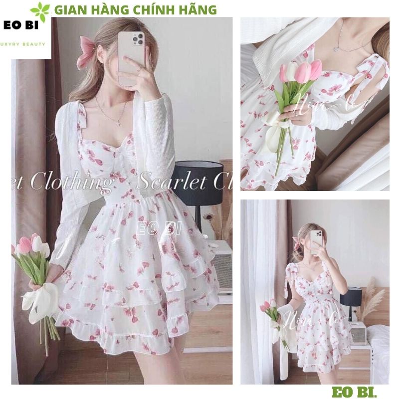 Sét váy hoa 2 dây  tầng kèm áo choàng ngoài mầu trắng tiểu thư bánh bèo ulzzang đầm hàn quốc dễ thương -EOBI