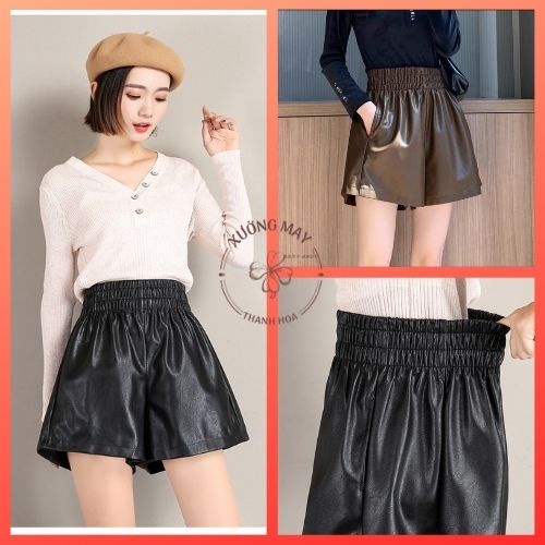 Quần short da cạp chun dáng xòe quần đùi trơn nữ phồng cao cấp 2 màu đen. cafe