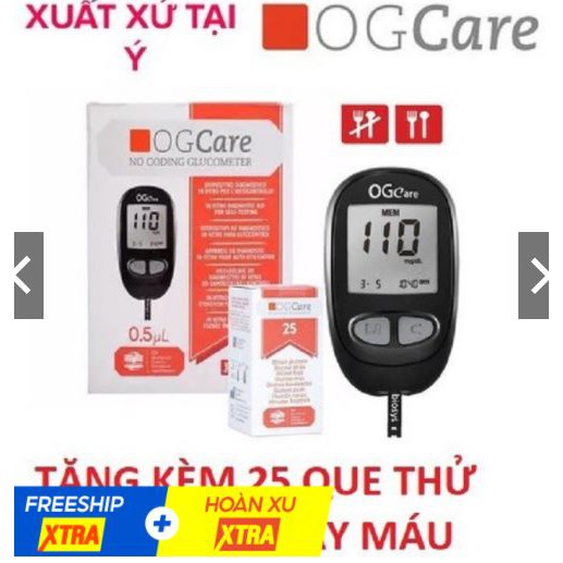 Máy thử tiểu đường OG Care (SX Ý) tặng kèm 25 que + 25 kim