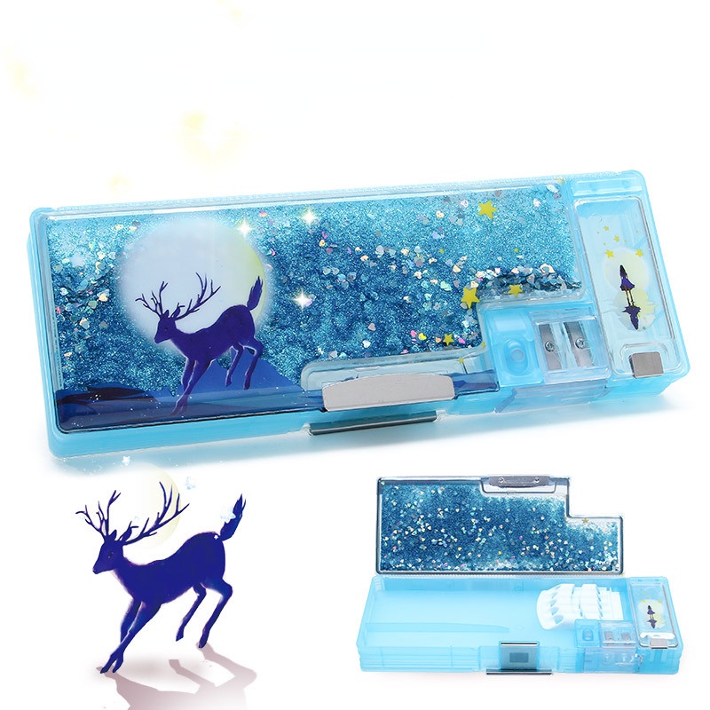 Hộp Đựng Bút Hai Ngăn Bằng Nhựa Họa Tiết Hoạt Hình Lấp Lánh Đa Năng Sáng Tạo Dễ Thương Dành Cho Bé Gái