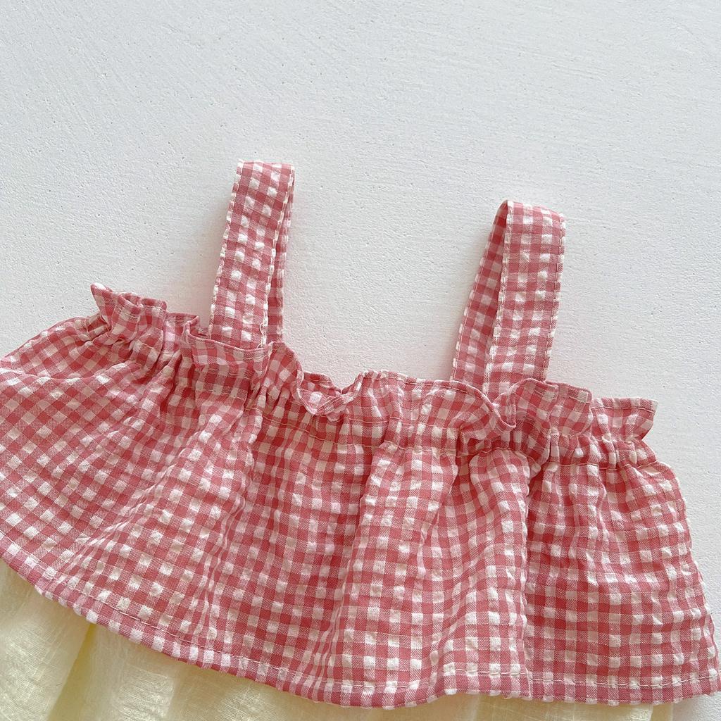 Áo liền quần Cotton Kẻ SọC Caro + Mũ Cho Bé GáI