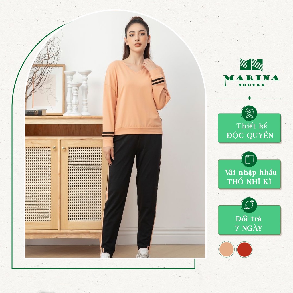 Đồ Bộ Nữ Dài Tay MARINA NGUYỄN Kiểu Dáng Thể Thao, Phối Viền Cổ Tay Khỏe Khoắn, Chất Vải Cotton Co Giãn - 4 Chiều 821022