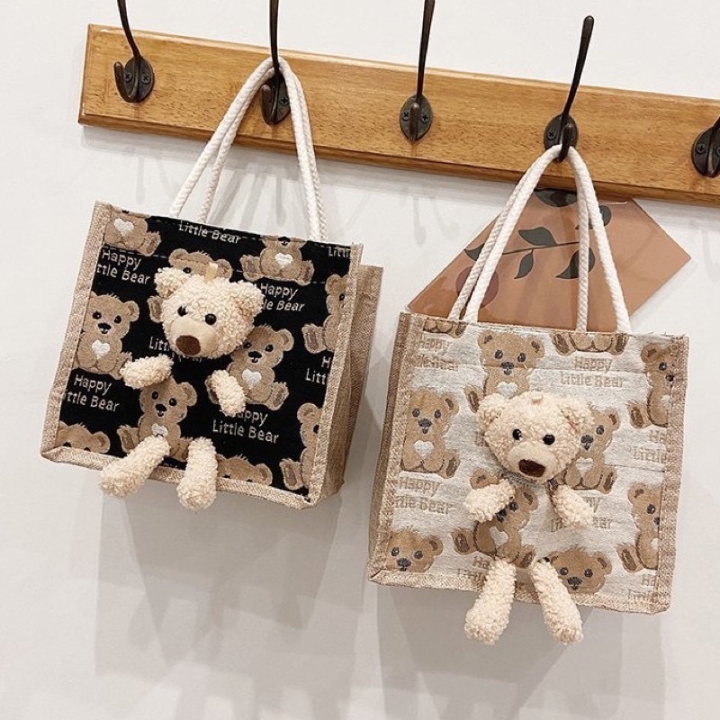 Túi cói kèm gấu bông Teddy Mini cực xinh