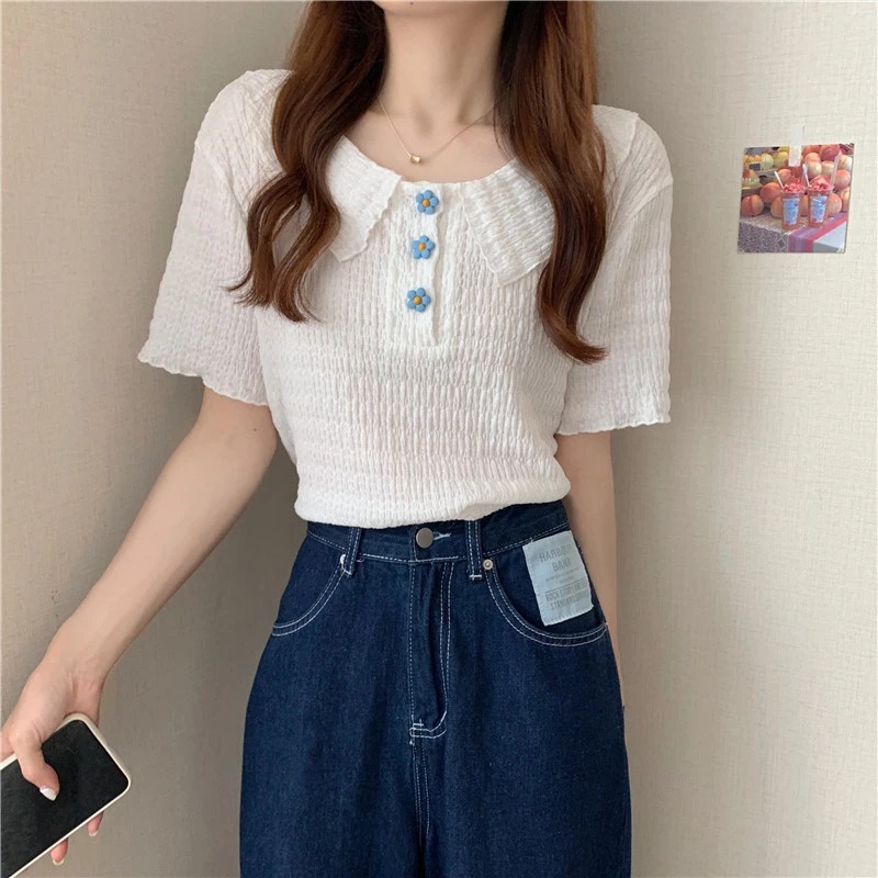 Áo kiểu tay ngắn cổ polo trẻ trung thời trang mới dành cho nữ