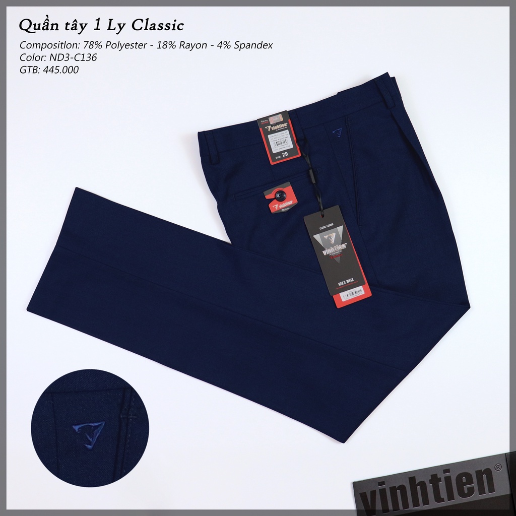 Quần Tây Nam Công Sở 1 Ly Classic Vĩnh Tiến Vải Mỏng Co Giãn 445 - Màu Trơn C136