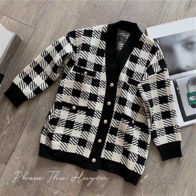 Áo khoác len cardigan nữ, áo len cadigan dáng dài kẻ caro siêu đẹp dành cho các nàng chất len dày dặn mặc cực ấm | BigBuy360 - bigbuy360.vn