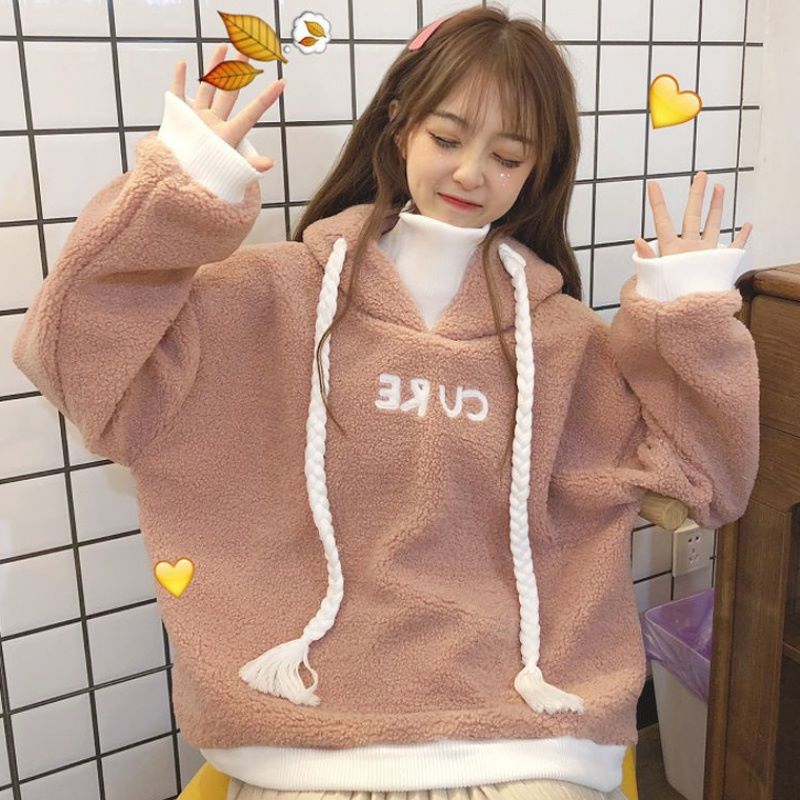 Áo Hoodie Len Cừu Tay Dài Dáng Rộng Thêu Họa Tiết Xinh Xắn Phong Cách Hàn Quốc Cho Nữ