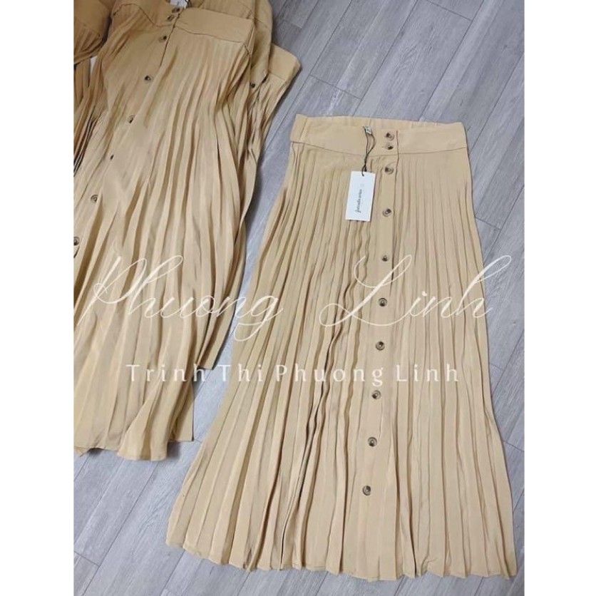 VÁY MIDI MÀU NUDE XẾP LY SIÊU ĐẸP