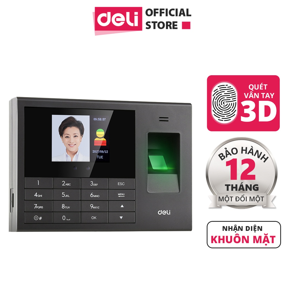 Máy Chấm Công Quét Vân Tay Và Nhận Dạng Khuôn Mặt Deli - Màn Hình 2.8inch, Cổng Kết Nối USB - Nhiều Ngôn Ngữ - E3765