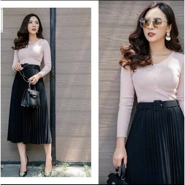 Chân váy dập ly kèm đai dáng dài mặc được 4 mùa