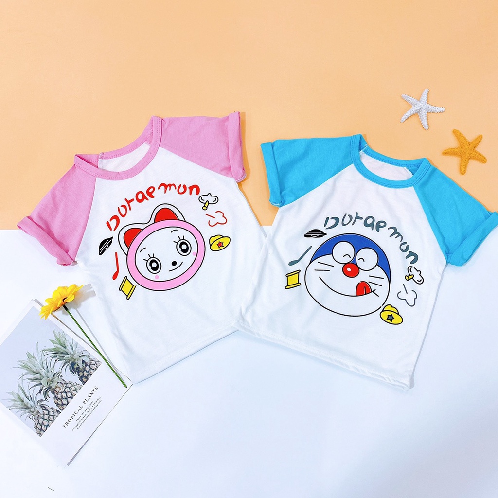 ÁO CỘC TAY DORAEMON PHỐI TAY CHO BÉ TRAI BÉ GÁI 8-18Kg