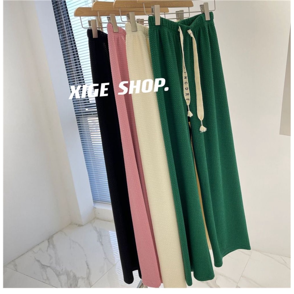 Quần Dài Lưng Cao Ống Rộng Phối Dây Rút In Chữ Thời Trang Xuân Hè Cho Nữ