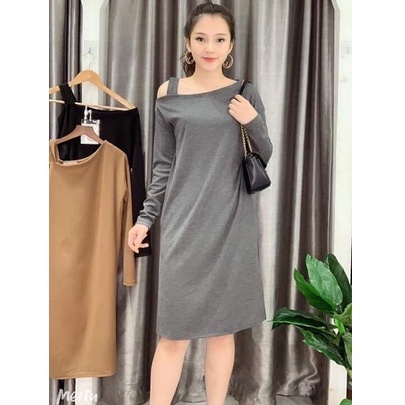 Váy len suông dài tay thu đông trễ vai, đầm len suông dáng dài hở vai 1 dây 3 màu cá tính