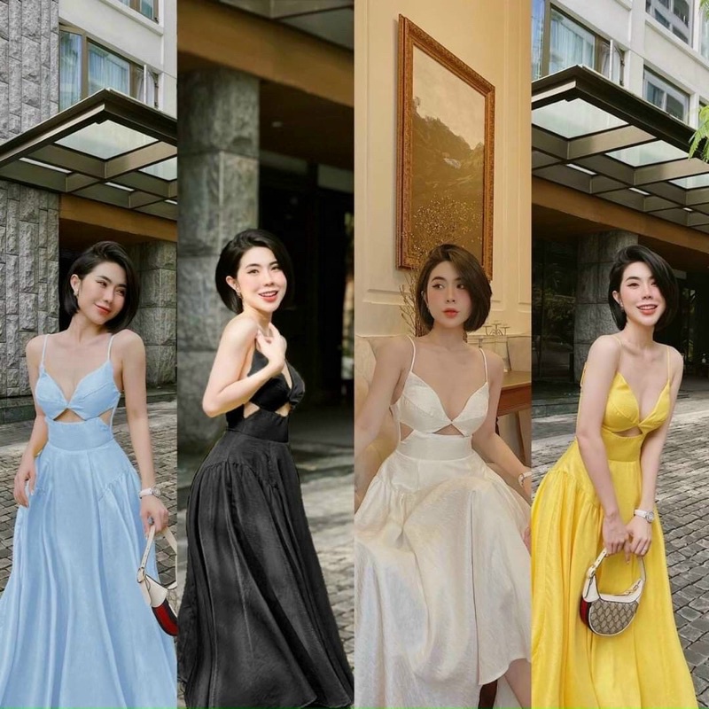 Đầm thời trang nữ mặc đi chơi chất lụa 100D 2 dây maxi khoét eo