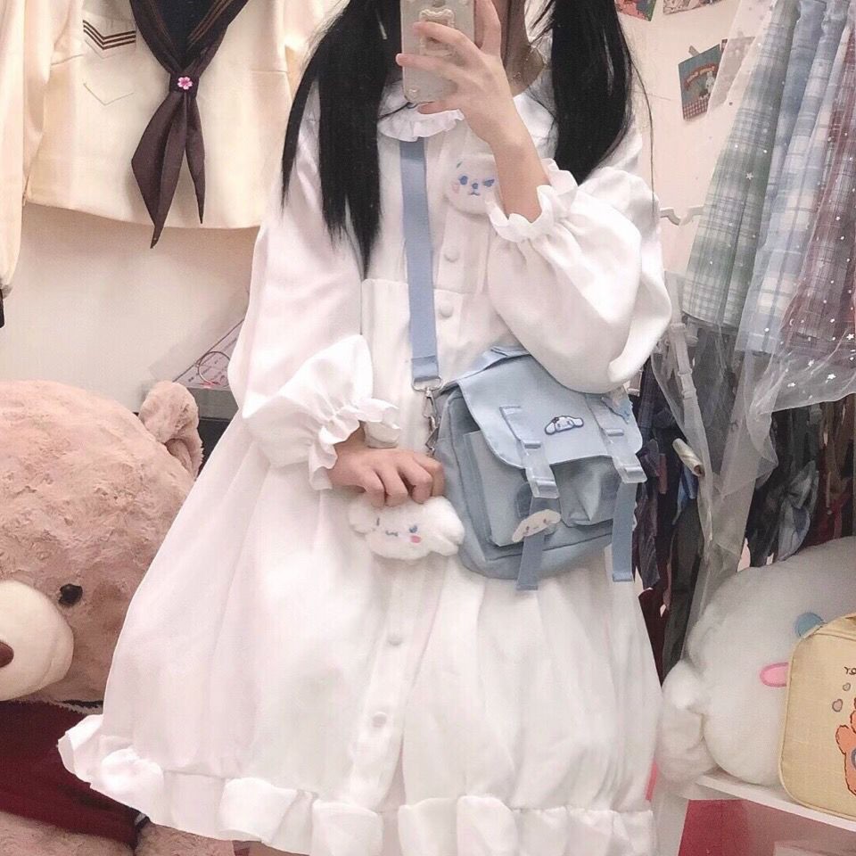 Đầm Búp Bê Mềm Mại Phối Bèo Nhún Phong Cách Lolita Nhật Bản Cho Bé Gái