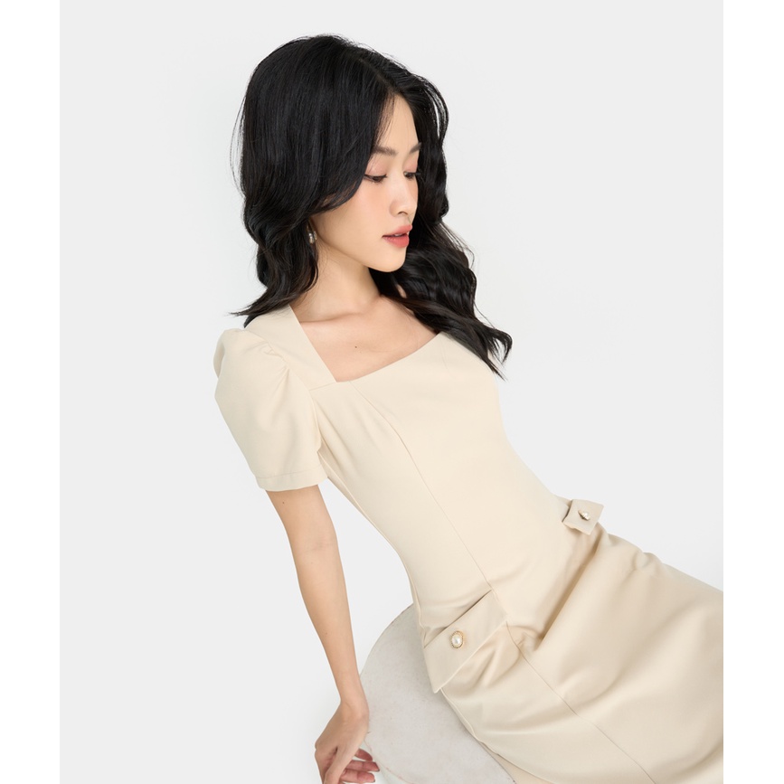 Đầm Lửng Nữ Thời Trang HNOSS Túi Đính Đá Tay Phồng HNDLU063