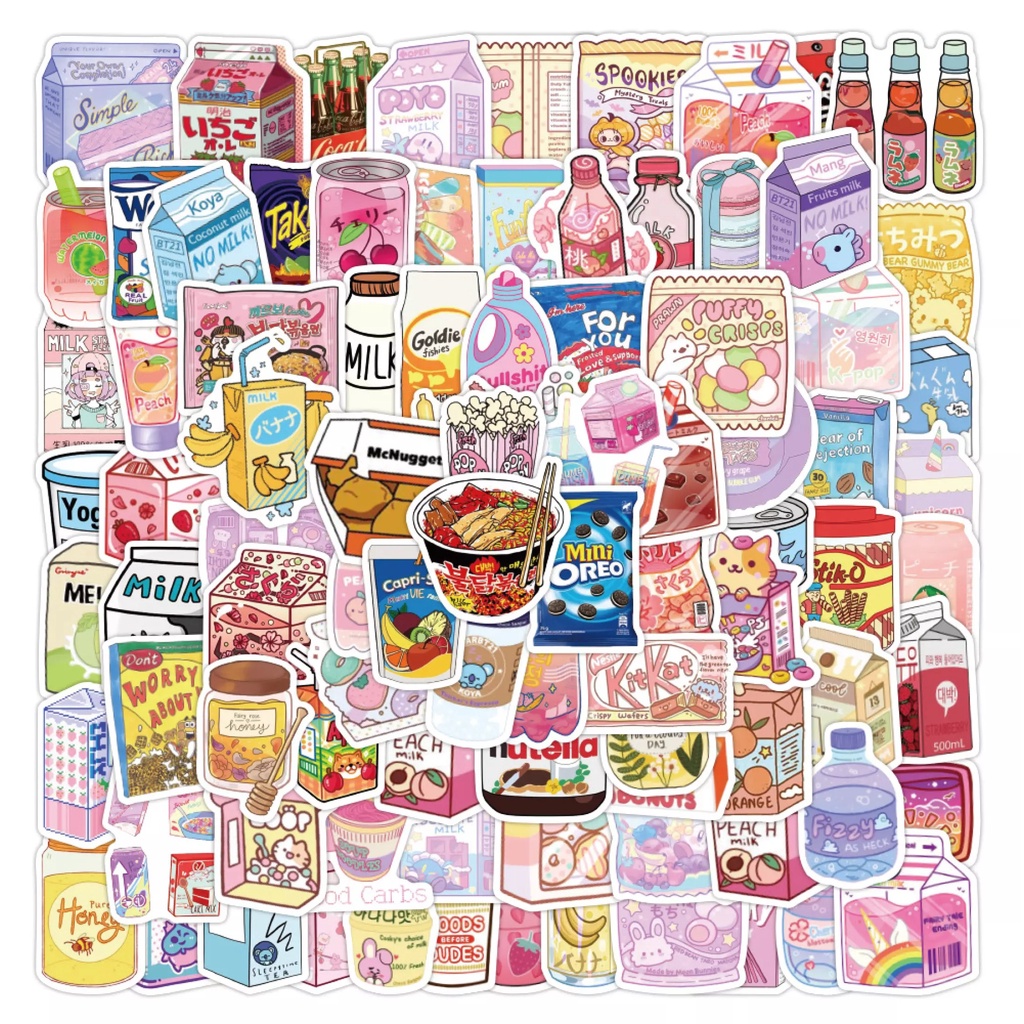 Set 100 sticker hình dán chủ đề ăn vặt chống thấm nước