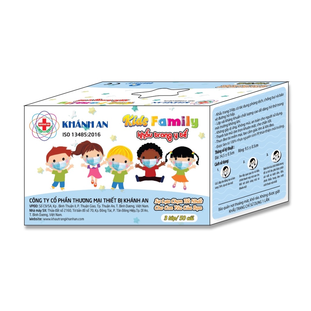 Khẩu trang y tế cao cấp 4 lớp Khánh An Kids Family dành cho trẻ em - hộp 50 cái