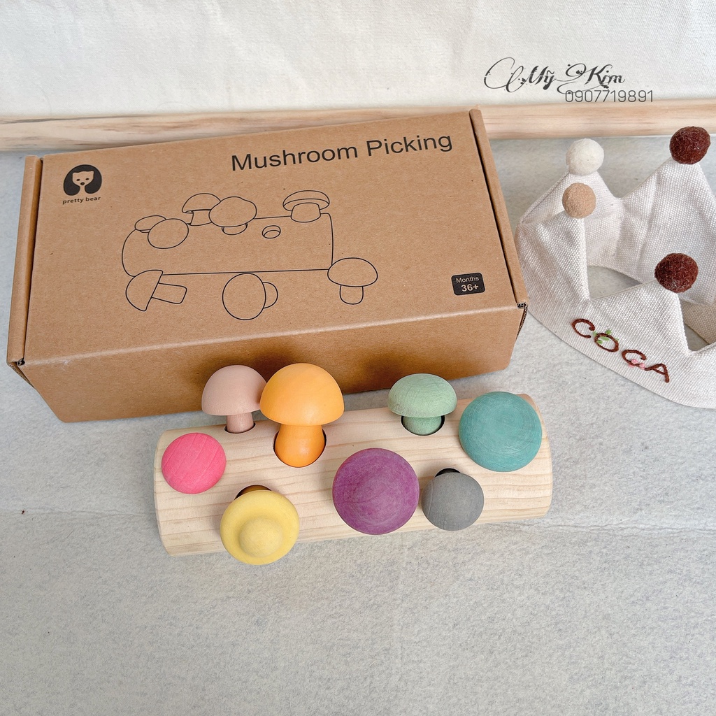 Đồ chơi gỗ Montessori - Đồ chơi hái nấm, thả nấm vào cọc