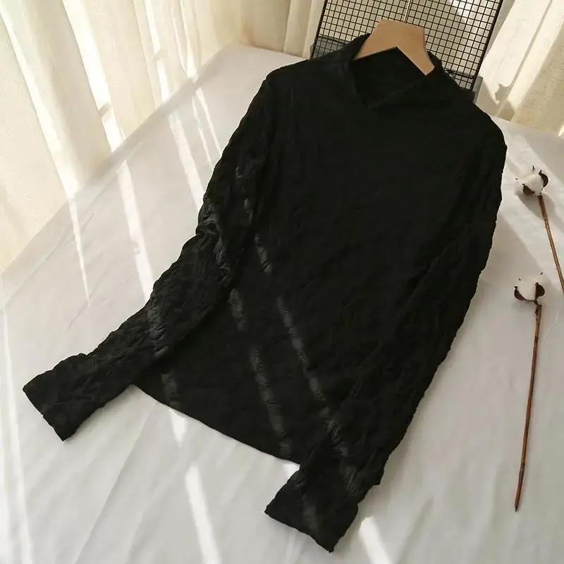 Áo thun tay dài cổ cao phối ren thiết kế xếp ly thời trang nữ sành điệu