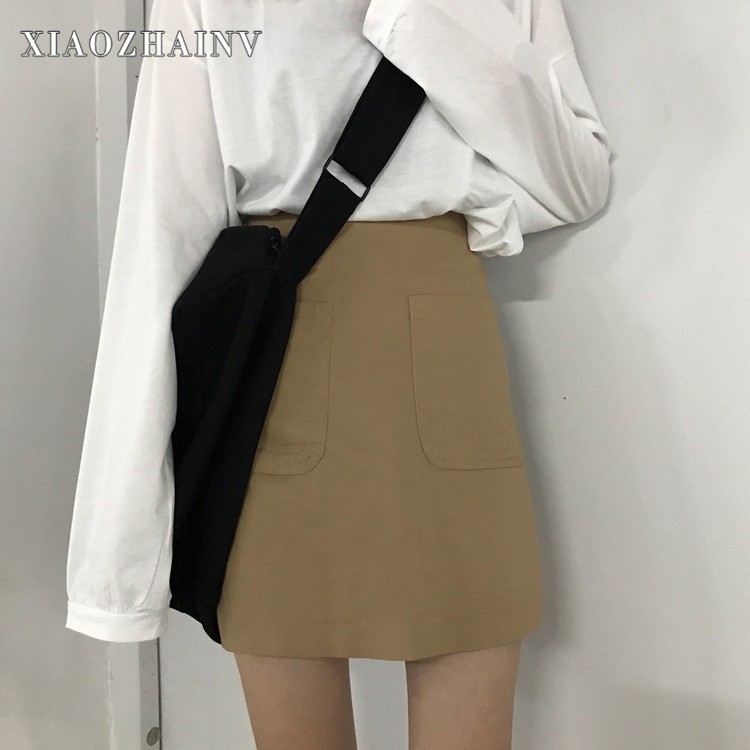 Chân Váy Xiaozhainv Lưng Cao Phối Túi Màu Trơn Phong Cách Đơn Giản Xinh Xắn Dành Cho Phụ Nữ | BigBuy360 - bigbuy360.vn