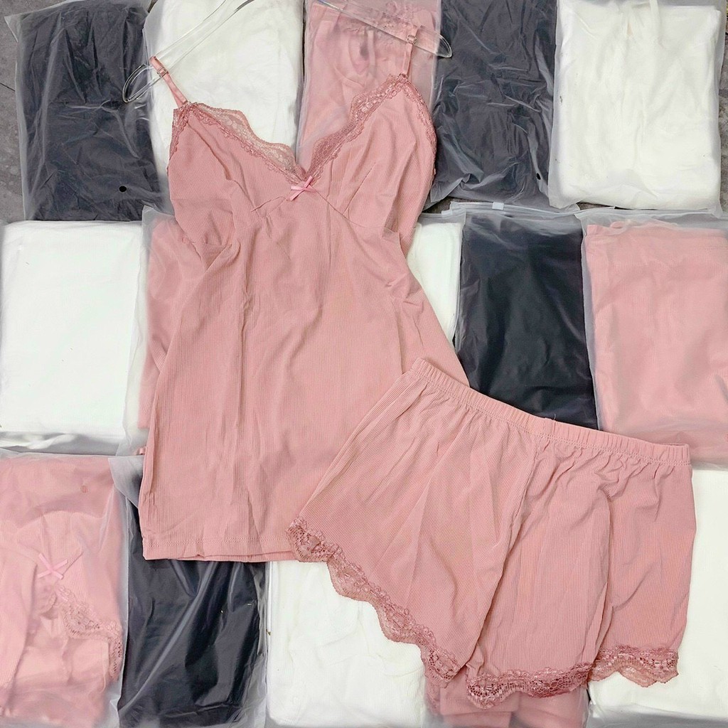 Bộ đồ ngủ len tăm 2 dây viền ren xinh xắn <48kg | BigBuy360 - bigbuy360.vn