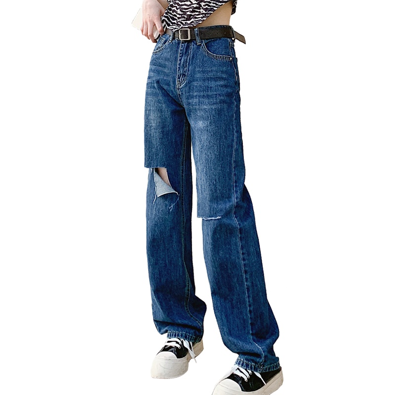Quần jean ống rộng jean ống suông xanh đậm rách gối mã MSC5