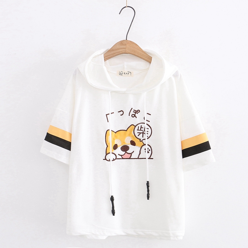 Áo Hoodie Ngắn Tay In Hình Chú Chó Shiba Dễ Thương Phong Cách Hàn Quốc Dành Cho Nữ