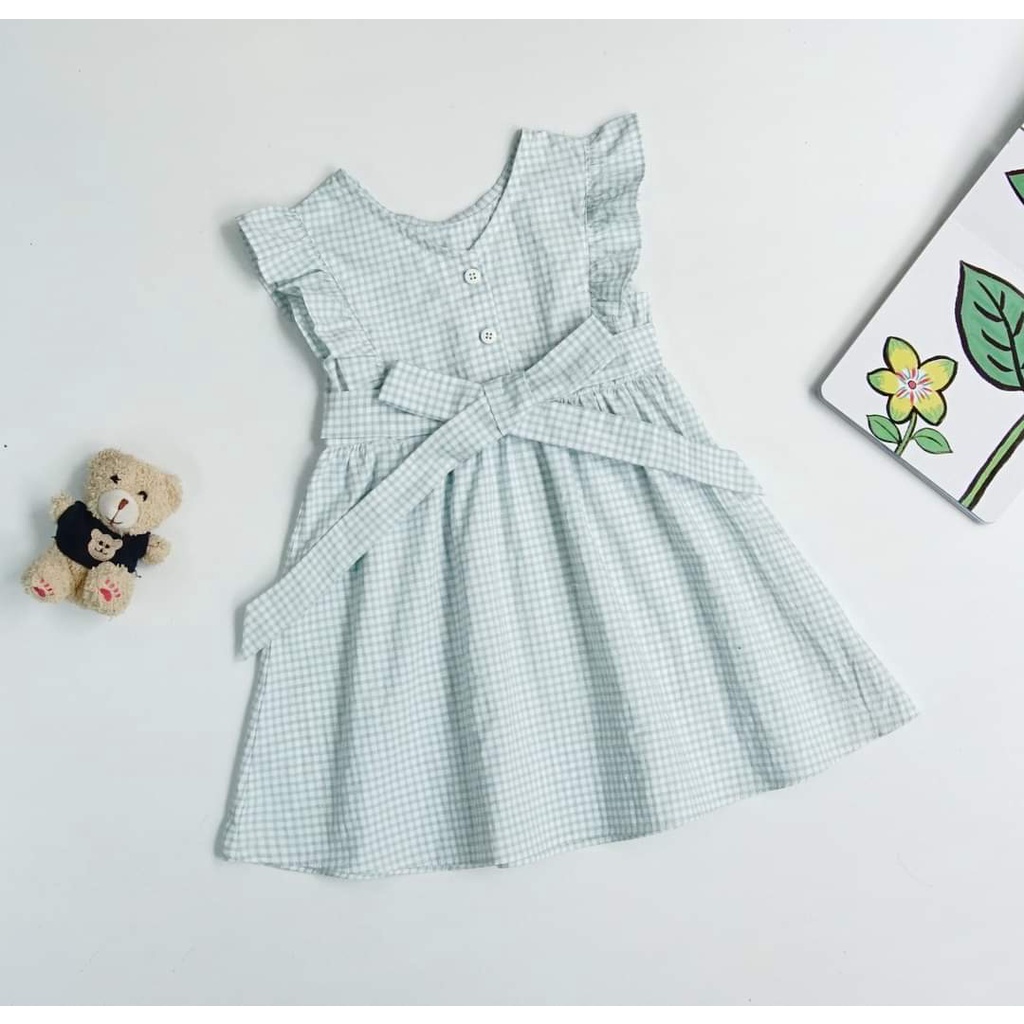 Váy Đầm Cotton Dáng Xòe Kẻ Caro Màu Xanh Mint Cho Bé Gái 15-35kg