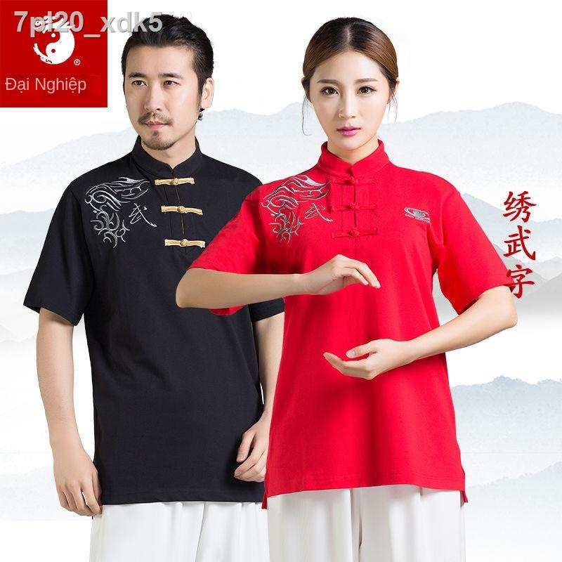 ( Sẵn)❍Bộ đồ tập Thái cực quyền mùa hè áo phông mỏng ngắn tay phụ nữ Phong cách Trung Quốc cotton thoáng khí văn hóa võ