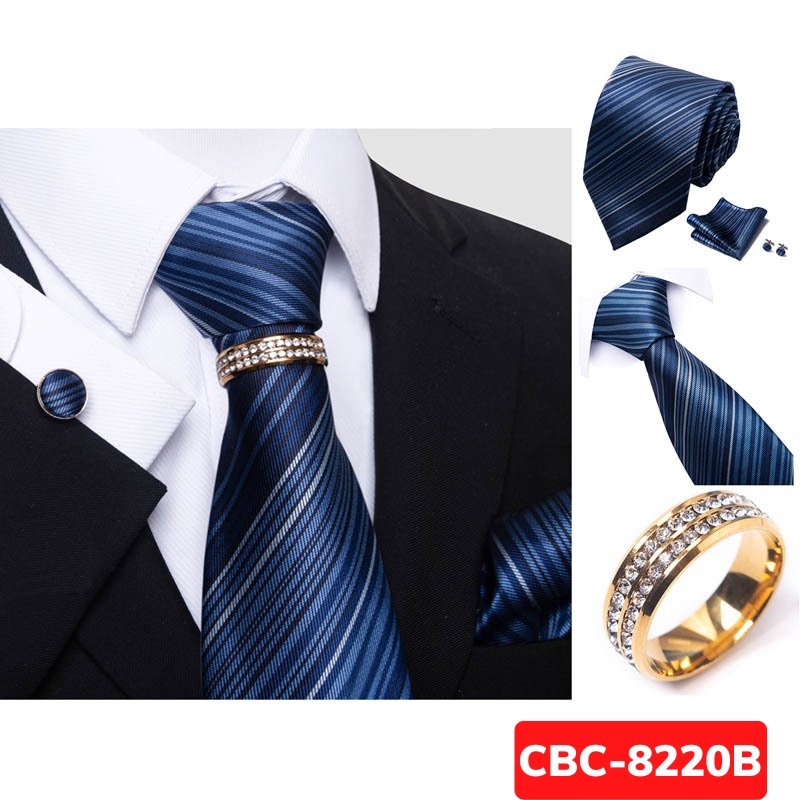 Bộ Cà vạt 4 món gồm Cavat 8cm, khăn cài túi, Măng-set, Nhẫn tròn phụ kiện, Cravat chú rể, Calavat công sở CBC-8220