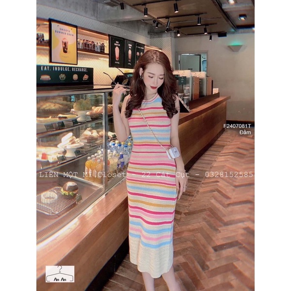 Đầm body len kẻ sọc phối màu khoét sau lưng hàng QC!
