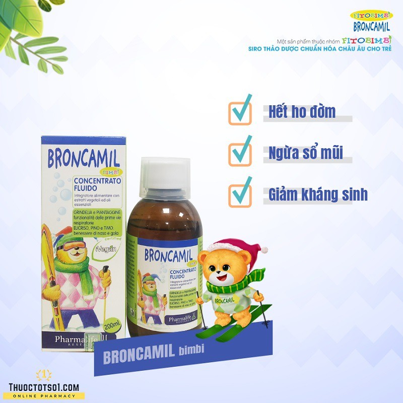 Siro thảo dược Fitobimbi Broncamil nhập khẩu từ Ý hỗ trợ tăng cường hô hấp trên cho bé