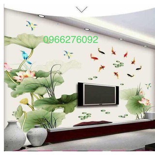 Decal dán tường 3D SIÊU HOT CÁ VÀ HOA SEN