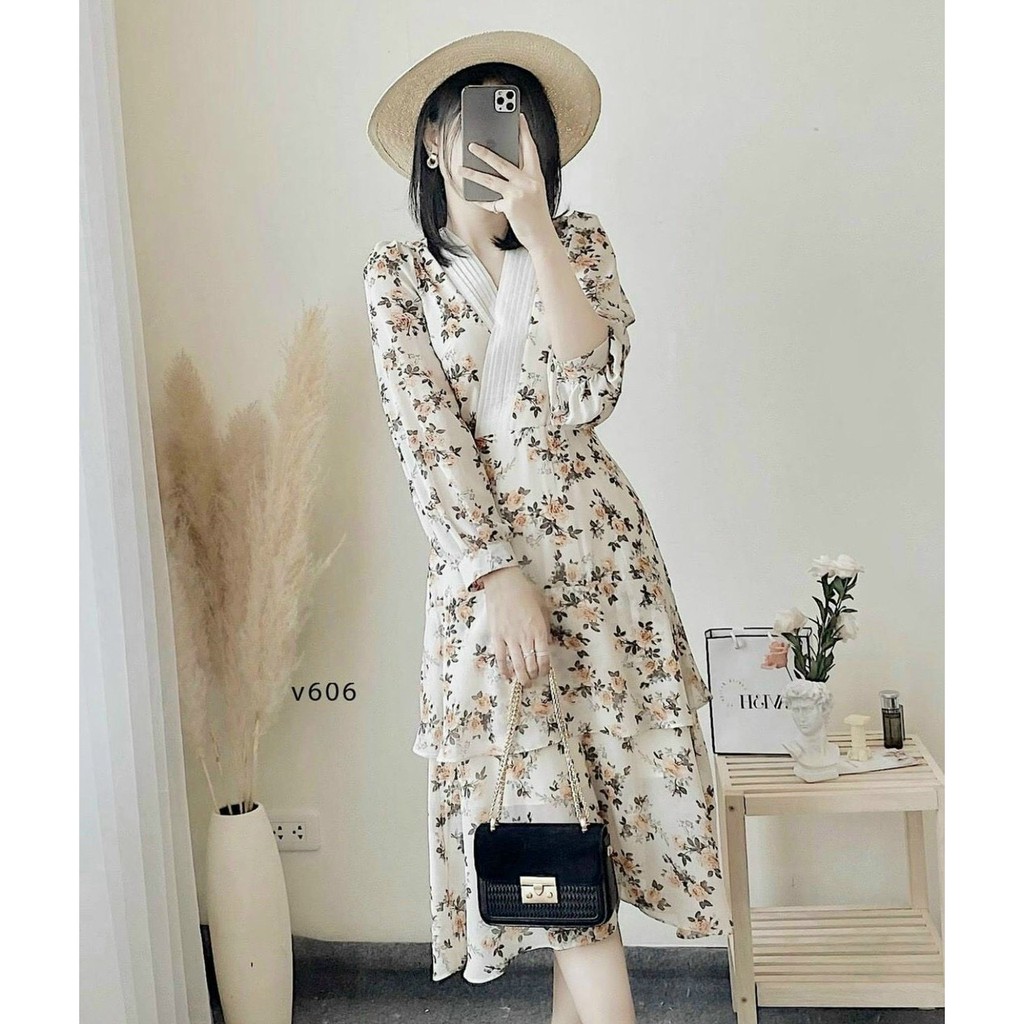 Đầm hoa vintage dáng dài ôm eo, thiết kế maxi cổ V tay bồng, phong cách retro VD014 | BigBuy360 - bigbuy360.vn