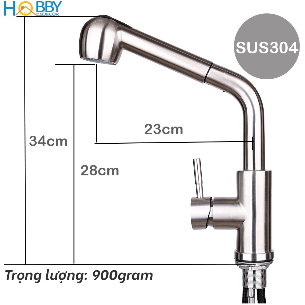 Vòi rửa chén nóng lạnh dây rút HOBBY VDR2 Inox 304 - 2 chế độ phun - đầu vòi kéo dài tiện lợi