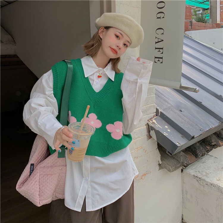 Áo Gile Cổ V Nền Xanh Hoa Hồng Chất Len Dày Đẹp, Labibi