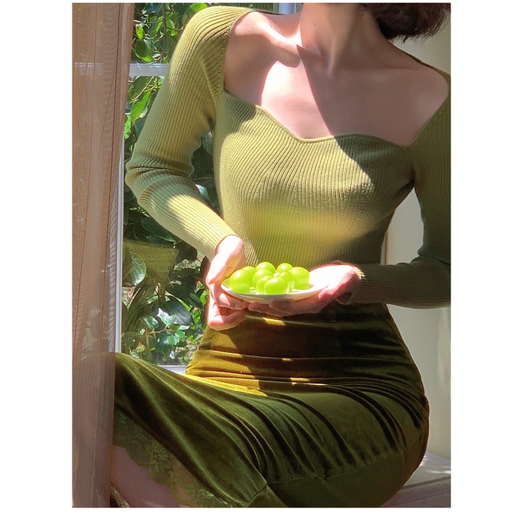 Áo len DUNEA tay dài cổ vuông thời trang mới phong cách retro