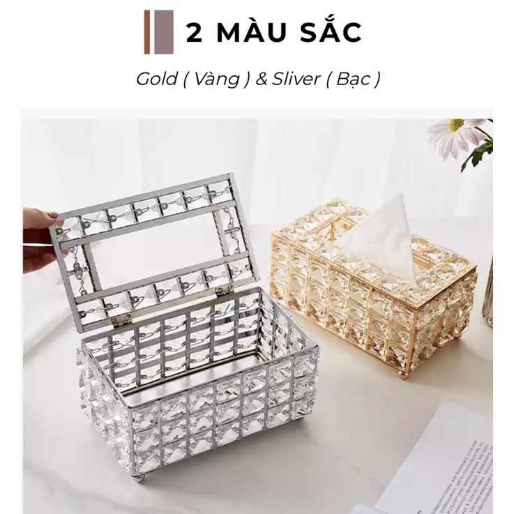 Hộp Đựng Khăn Giấy Pha Lê Khung Kim Loại Sang Trọng Đính Đá Cao Cấp - Phong cách Châu Âu, sang chảnh