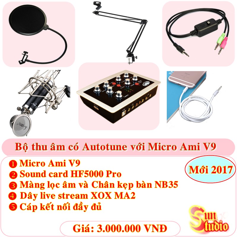 Bộ thu âm hát live stream có Autotune với Micro Ami V9 và HF5000 Pro