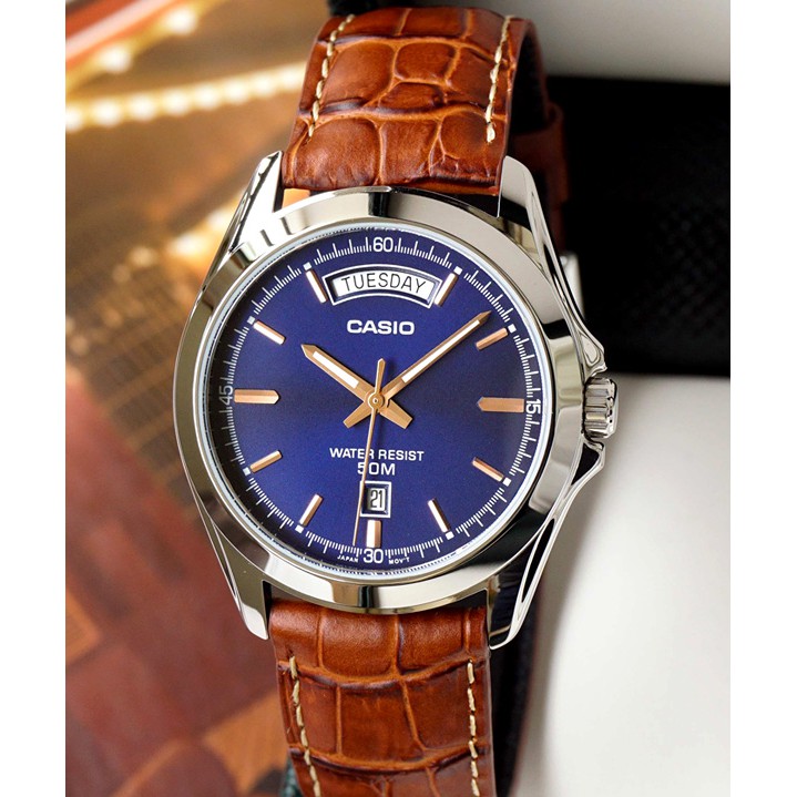 Đồng hồ nam Casio MTP-1370L-2AV Dây Da Màu Nâu - Nền Mặt Màu Xanh