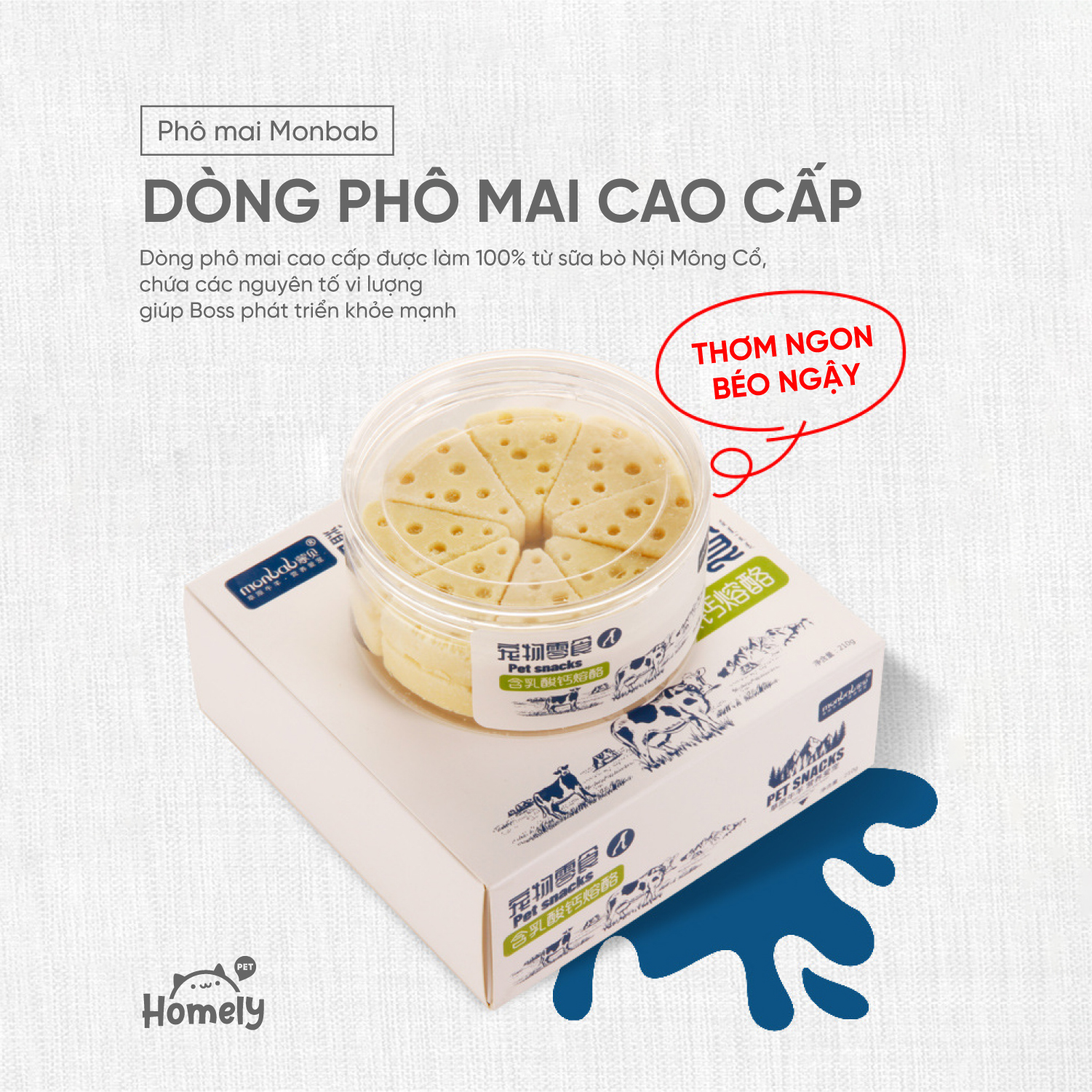 Snack thưởng phô mai cho chó mèo Monbab, bánh thưởng sữa bò dinh dưỡng giàu canxi gói lẻ 14G