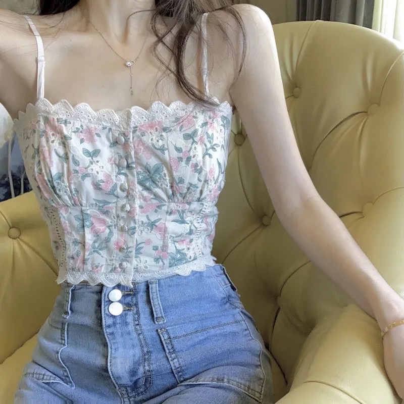 áo hai dây hoa nhí pha ren croptop xinh xắn