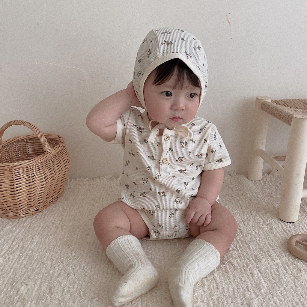 Bộ Áo Liền Quần Kèm 1 Nón Họa Tiết Hoa Dễ Thương Thời Trang Mùa Hè Cho Bé Sơ Sinh