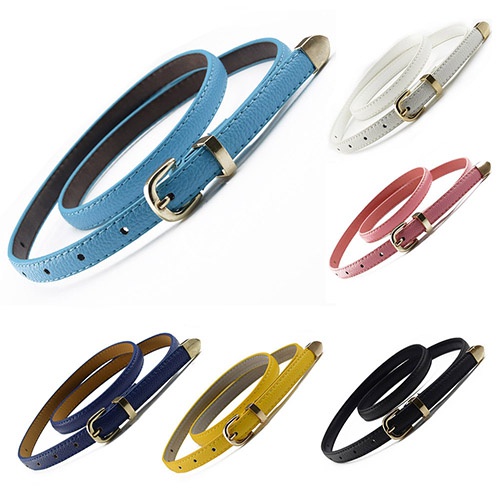 Women All Match Fashion Skinny Waist Belt Faux Leather Buckle Narrow Waistband