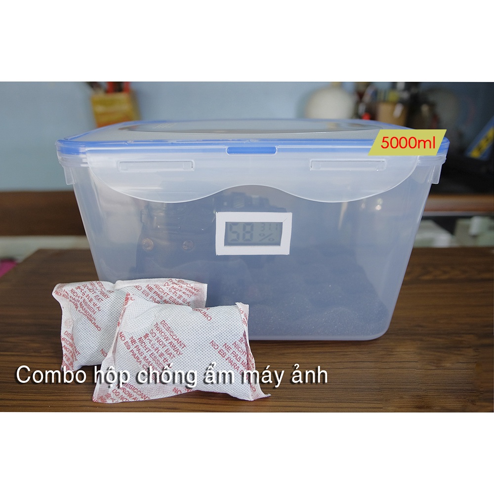 Hộp chống ẩm máy ảnh , ẩm kế, hút ẩm xanh, mút lót